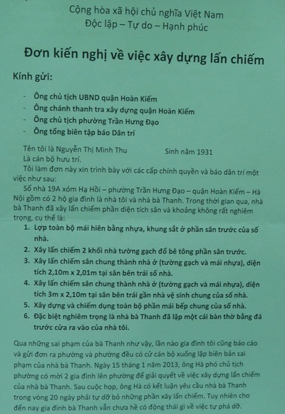 Đơn kiến nghị bà Nguyễn Thị Minh Thu gửi đến báo Dân trí