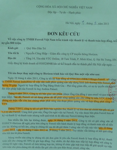 Doanh nghiệp “sập tiệm" vì Công ty Ferroli Indochina chậm thanh toán tiền - 1 Đơn kêu cứu của Công ty Horizon