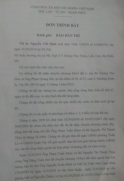 Không mua được đất giá rẻ, khách quay ra hủy hoại tài sản - 1 Đơn trình bày ông Nguyễn Viết Định gửi đến báo Dân trí