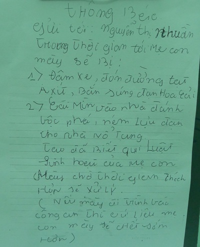 Cục Cảnh sát hình sự đề nghị điều tra vụ tố cáo ở phường Trung Hòa - 2 Lá đơn đe dọa bà Nhuần nhận được ngày 5/4/2013