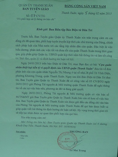 Ban Tuyên giáo Quận Thanh Xuân lên tiếng vụ “Cựu quân nhân thiệt hại tiền tỷ” - 2 Văn bản hồi âm của Quận ủy Thanh Xuân gửi báo Dân trí