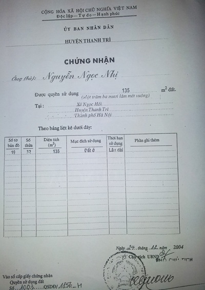 Công dân bức xúc vì vụ chiếm đoạt tài sản ở huyện Thanh Trì không bị khởi tố - 1 Giấy chứng nhận QSDĐ hợp pháp mang tên ông Nguyễn Ngọc Nhị