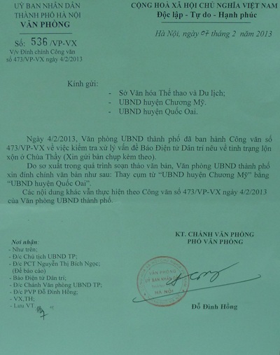 Văn bản đính chính của Văn phòng UBND TP. Hà Nội