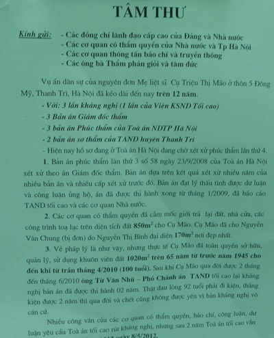 Bài 3: Kỳ án oan khuất của gia đình liệt sỹ: Công dân gửi “tâm thư” đến Chánh án TANDTC - 1 Bức tâm thư ông Xưởng gửi Chánh án TAND Tối cao Trương Hòa Bình