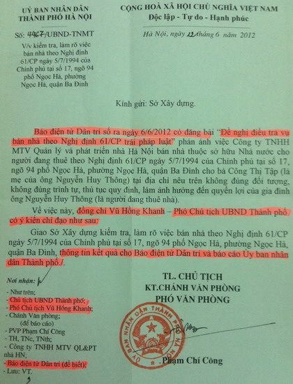 Văn bản chỉ đạo của Phó Chủ tịch Vũ Hồng Khanh ký từ ngày 12/6/2012
