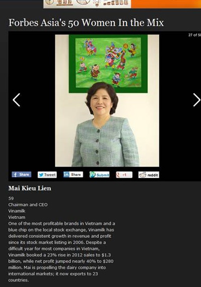 CEO của Vinamilk lọt top 50 Nữ doanh nhân xuất sắc châu Á của Forbes - 1 Bà Mai Kiều Liên được Tạp chí Forbes đánh giá rất cao