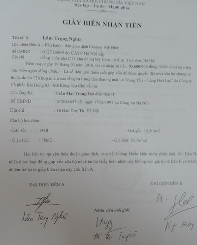 Giấy biên nhận tiền đặt mua căn hộ