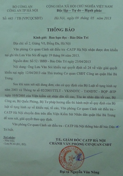 Công an TP.Hà Nội đề nghị giải quyết vụ khiếu nại ở quận Hai Bà Trưng - 1 Văn bản hồi âm của Cơ quan CSĐT - CATP. Hà Nội gửi báo Dân trí