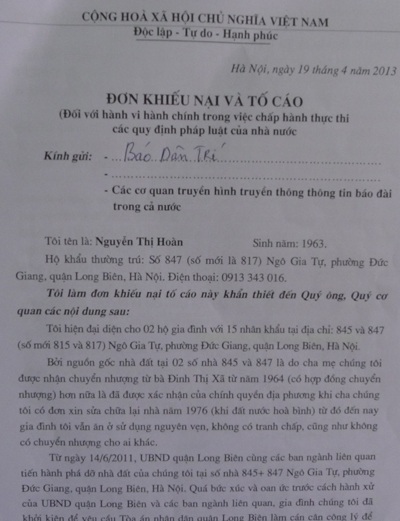 Quận Long Biên “thách thức” bản án đã có hiệu lực của TAND TP. Hà Nội - 2 Đơn khiếu nại và tố cáo bà Nguyễn Thị Hoàn gửi đến báo