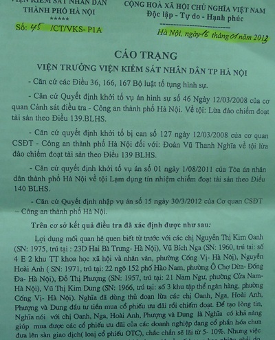 Cáo trạng của Viện KSND TP. Hà Nội