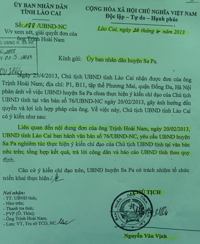 Huyện Sa Pa phớt lờ chỉ đạo của Chủ tịch tỉnh, dung túng cho sai phạm - 6 UBND huyện Sa Pa vẫn bỏ ngoài tai ý kiến chỉ đạo của Chủ tịch tỉnh