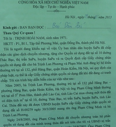 Huyện Sa Pa phớt lờ chỉ đạo của Chủ tịch tỉnh, dung túng cho sai phạm - 1 Đơn kiến nghị ông Trịnh Hoài Nam gửi đến báo Dân trí