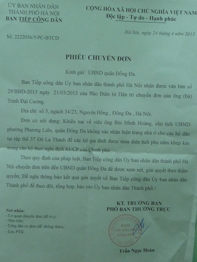 TP. Hà Nội chỉ đạo làm rõ vụ khiếu nại Chủ tịch phường Phương Liên - 1 Văn bản chỉ đạo của UBND TP. Hà Nội