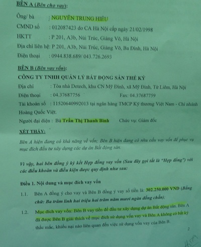 Hợp đồng cho vay vốn của khách hàng Nguyễn Trung Hiếu