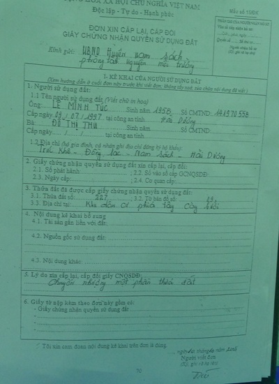 Cấp sổ đỏ trái luật, UBND huyện Nam Sách gây thiệt hại quyền lợi công dân - 4 Đơn xin cấp sổ đỏ của ông Nguyễn Văn Thuật, đơn xin cấp lại sổ đỏ của