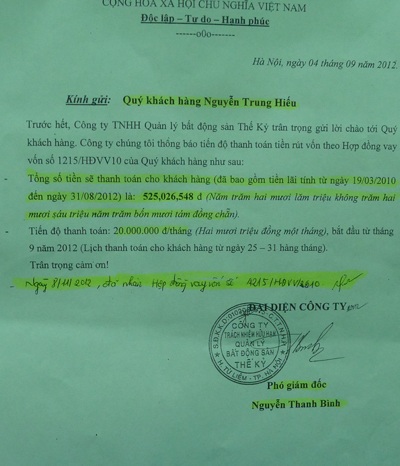 Cam kết hoàn trả vốn cho khách hàng do Công ty Quản lý bất động sản Thế kỷ đưa ra