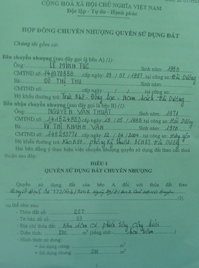 Cấp sổ đỏ trái luật, UBND huyện Nam Sách gây thiệt hại quyền lợi công dân - 2 Hợp đồng chuyển nhượng hai bên ký kết có xác nhận của UBND xã năm 2008