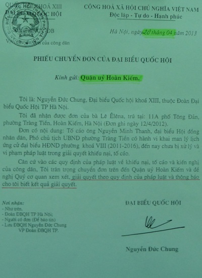 Yêu cầu làm rõ đơn tố cáo của công dân tại số 11A phố Tông Đản - 1 Văn bản ông Nguyễn Đức Chung gửi Quận ủy Hoàn Kiếm đề nghị giải quyết