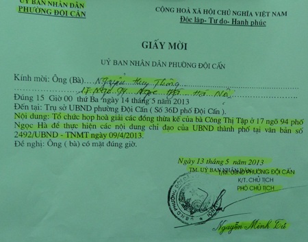 Giấy mời họp giải quyết vụ bán nhà trái luật ở ngõ 94 Ngọc Hà của UBND phường Đội Cấn ban hành