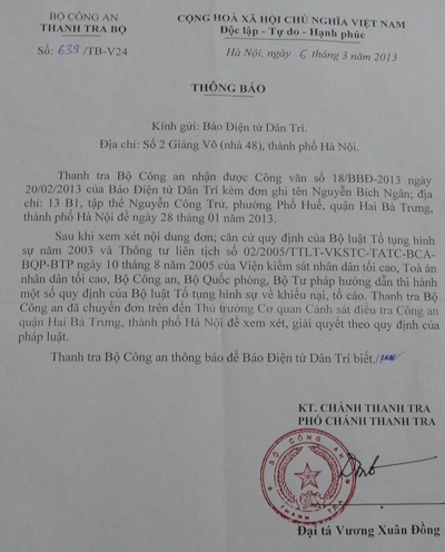 Công an quận Hai Bà Trưng "quên" chỉ đạo của Thanh tra Bộ Công an - 3 Văn bản thông báo việc chuyển đơn của Thanh tra Bộ Công an