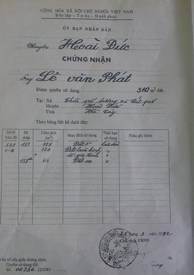 Công dân ngóng đợi một bản án công tâm của TAND huyện Hoài Đức - 1 Phần diện tích đất ao 65m2 mà nhà bà Oanh bị cưỡng chế đã được cấp Giấy chứng nhận QSDĐ từ năm 1992