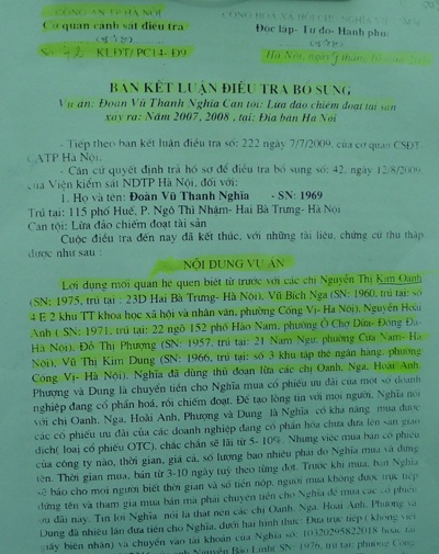 Kết luận điều tra bổ sung của cơ quan CSĐT - CATP. Hà Nội