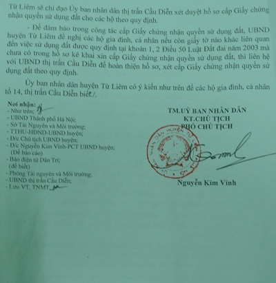 Văn bản thông báo kết quả rà soát của UBND huyện Từ Liêm chỉ rõ