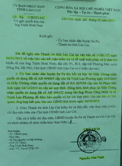 Huyện Sa Pa phớt lờ chỉ đạo của Chủ tịch tỉnh, dung túng cho sai phạm - 5 Văn bản chỉ đạo thu hồi 2 Giấy chứng nhận QSDĐ cấp sai quy định