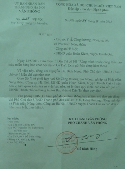 TP. Hà Nội kiểm tra vụ tạo màu miến bằng hóa chất độc hại ở Cự Đà - 1 Văn bản truyền đạt ý kiến chỉ đạo của lãnh đạo UBND TP. Hà Nội