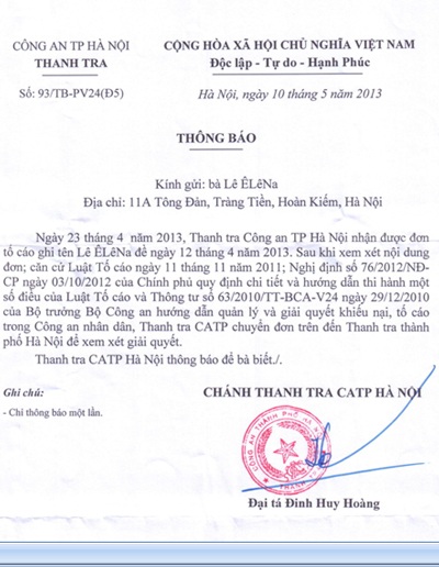 Yêu cầu làm rõ đơn tố cáo của công dân tại số 11A phố Tông Đản - 2 Thông báo của Thanh tra CATP. Hà Nội về việc chuyển đơn tố cáo đến Thanh tra thành phố