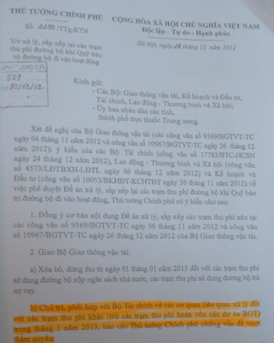 Thủ tướng chưa thông qua đề xuất “xóa sổ” trạm thu phí Bắc Thăng Long - Nội Bài - 4 Văn bản chỉ đạo ban hành ngày 28/12/2012 của Thủ tướng Chính phủ