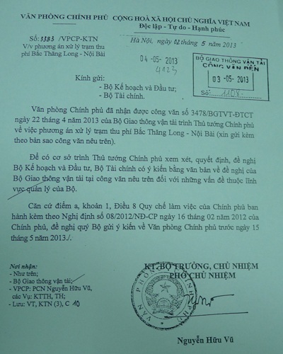 Thủ tướng chưa thông qua đề xuất “xóa sổ” trạm thu phí Bắc Thăng Long - Nội Bài - 2 Văn bản Văn phòng Chính phủ gửi Bộ Tài Chính và Bộ Kế hoạch và Đầu tư ngày 2/5/2013