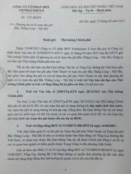 Thủ tướng chưa thông qua đề xuất “xóa sổ” trạm thu phí Bắc Thăng Long - Nội Bài - 1 Văn bản Công ty Vietracimex 8 gửi Thủ tướng Chính phủ