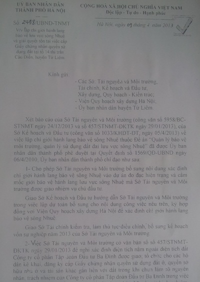 Văn bản chỉ đạo của Phó Chủ tịch UBND TP. Hà Nội Vũ Hồng Khanh