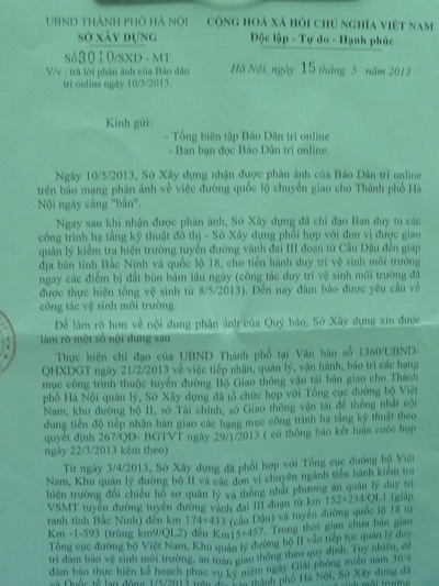 Văn bản hồi âm của Sở Xây dựng Hà Nội