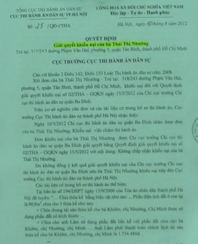 Đơn khiếu nại lần thứ 9 của bà Thái Thị Nhường gửi báo Dân trí