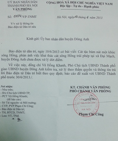 Văn bản chỉ đạo của UBND TP. Hà Nội