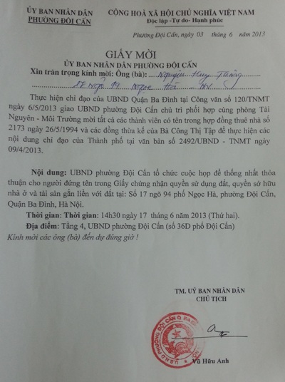 Quận Ba Đình "lúng túng" giải quyết vụ bán nhà trái pháp luật - 1 Giấy mời những người có liên quan tham dự cuộc họp ngày 17/6/2013