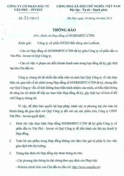 Thông báo đình chỉ hợp đồng Văn Phú-lnvest đưa ra với Landmak
