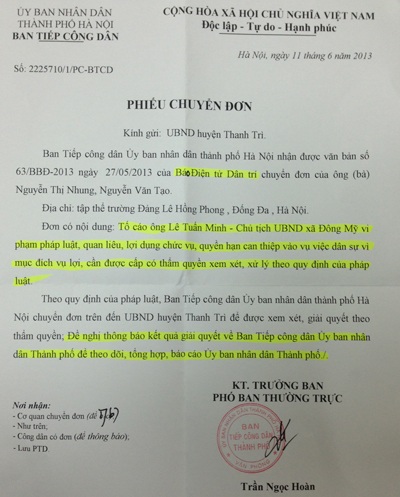 UBND TP. Hà Nội chỉ đạo làm rõ sai phạm của Chủ tịch xã Đông Mỹ - 1 Văn bản chỉ đạo của UBND TP. Hà Nội