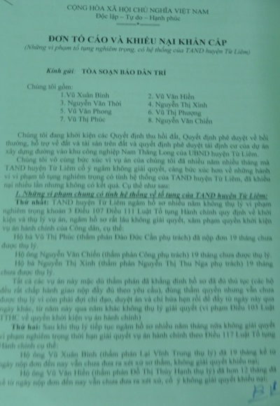 Tòa án huyện Từ Liêm bị “tố” vi phạm thủ tục tố tụng - 1 Đơn tố cáo và khiếu nại khẩn cấp 8 hộ dân gửi đến báo Dân trí