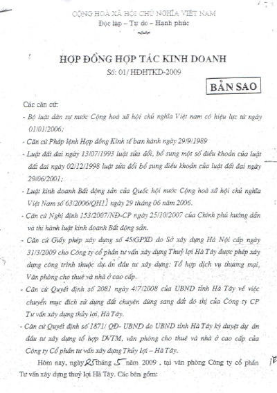 Hàng chục khách hàng "sập bẫy" tại dự án chung cư 28A Lê Trọng Tấn - 1 Hợp đồng hợp tác kinh doanh giữa Vinacominland và Công ty thủy lợi Hà Tây