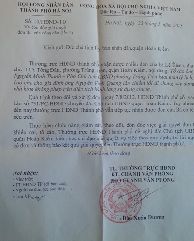 Văn phòng Chính phủ "thúc" xử lý vụ tố cáo tại số 11A Tông Đản - 2 Văn bản HĐND TP. Hà Nội yêu cầu Chủ tịch UBND quận Hoàn Kiếm giải quyết đơn tố cáo của công dân