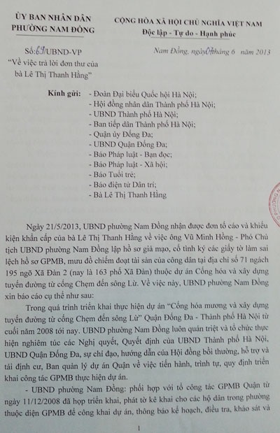 UBND phường Nam Đồng “giải trình” vụ tố cáo làm giả hồ sơ - 1 Văn bản của UBND phường Nam Đồng gửi các cơ quan chức năng