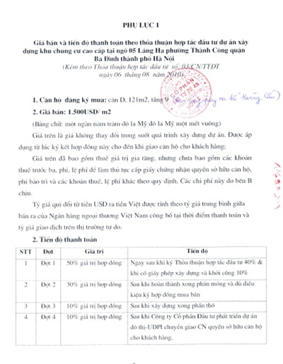 Khách hàng bị UDPI “giam” nhiều tỷ đồng ở dự án chung cư Láng Hạ - 3 Phụ lục ký bán căn hộ cho khách hàng với giá 1500 USD/m2 của lãnh đạo UDPI