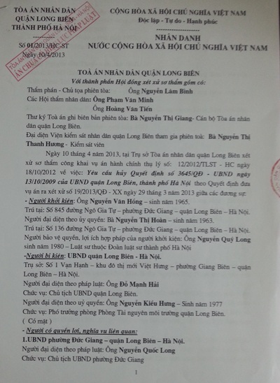 Kháng nghị bản án có dấu hiệu vi phạm pháp luật của Tòa án Long Biên - 2 Bản án sơ thẩm có dấu hiệu vi phạm quy định pháp luật của TAND quận Long Biên