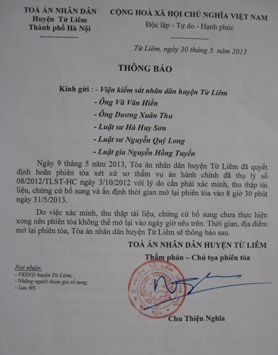 Tòa án huyện Từ Liêm bị “tố” vi phạm thủ tục tố tụng - 4 Thông báo hoãn có dấu hiệu bất thường của Thẩm phán Chu Thiện Nghĩa