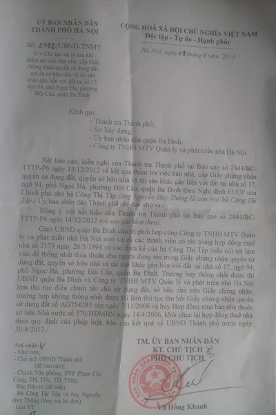 Văn bản UBND TP. Hà Nội chỉ đạo giải quyết dứt điểm vụ bán nhà trái luật