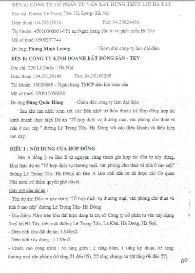 Hàng chục khách hàng "sập bẫy" tại dự án chung cư 28A Lê Trọng Tấn - 2 Hợp đồng hợp tác kinh doanh giữa Vinacominland và Công ty thủy lợi Hà Tây