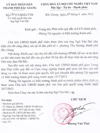 TP. Bắc Giang chưa giải quyết quyền lợi cho các hộ dân đã vội cưỡng chế - 1 Ý kiến chỉ đạo giải quyết của Chủ tịch UBND TP. Bắc Giang